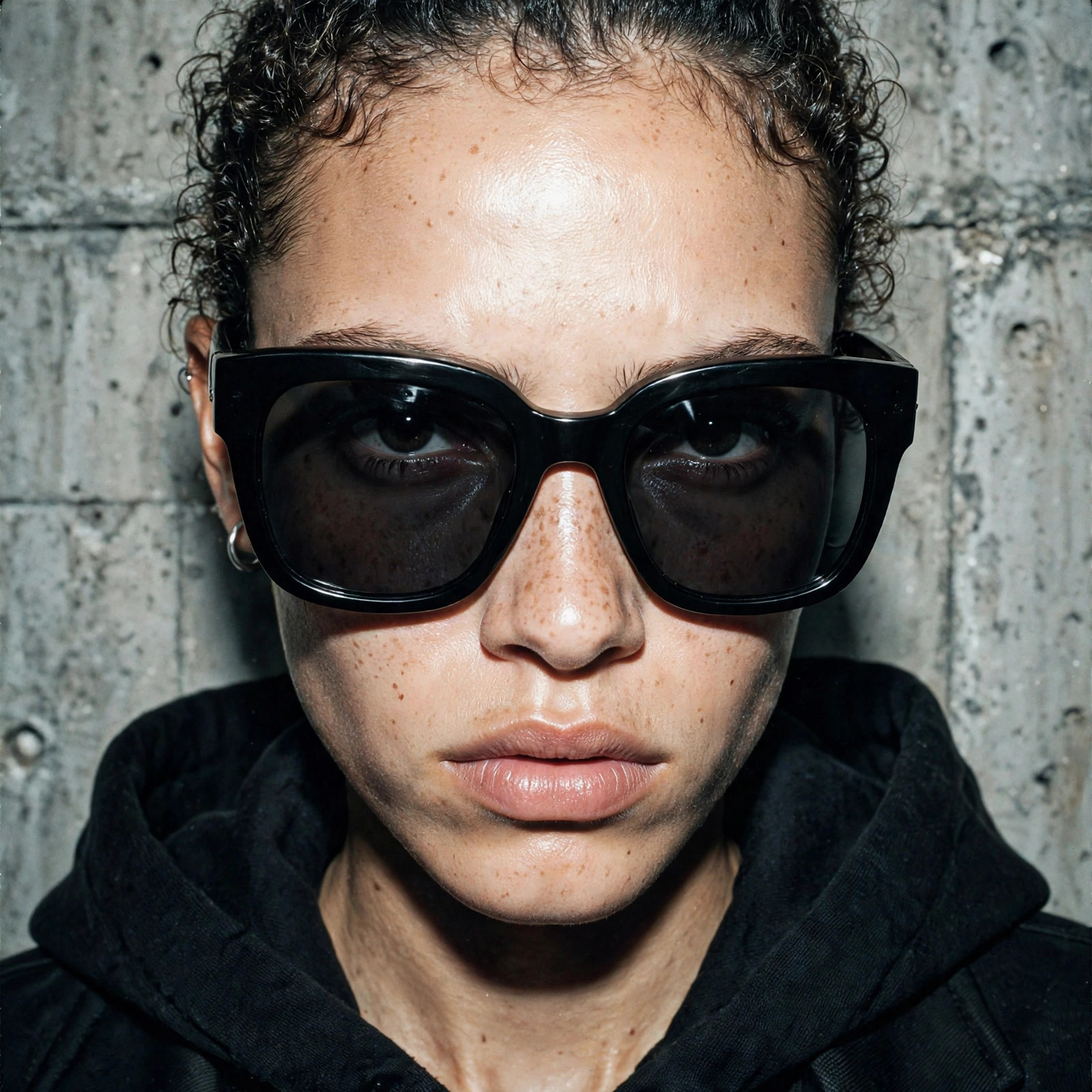 Model wearing Feral Optics sunglasses against concrete